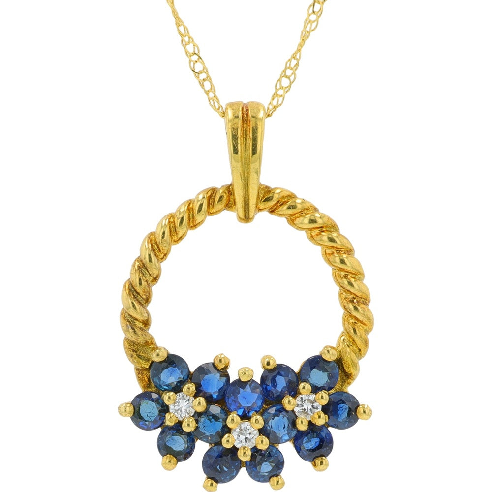 18K Yellow Gold Floral Pendant with Twisted Rope Halo and 0.65 Carat Sapphire Cluster with Diamond Accents - 18 Inch Chain