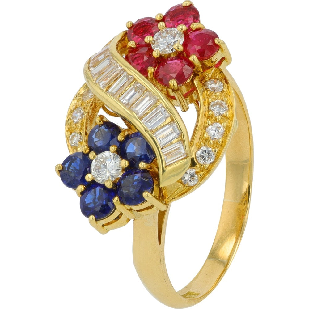 18K Yellow Gold Floral Ring with 1 Carat Sapphire and 1 Carat Ruby Blossoms, Accented by 0.82 Carat Baguette and Round Diamonds