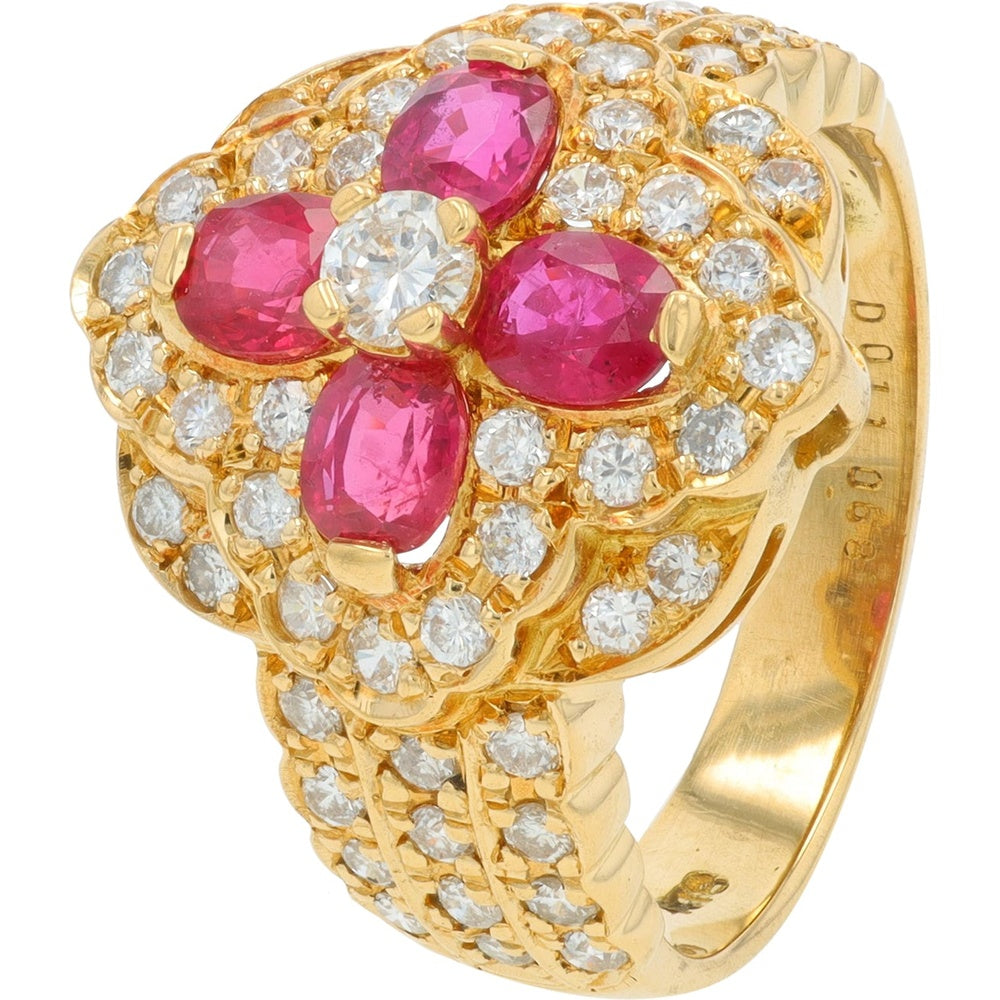 18K Yellow Gold Floral Ring with Oval Rubies and Round Diamond Halo - 1.14 Carat Total Ruby Weight and 0.79 Carat Total Diamond Weight