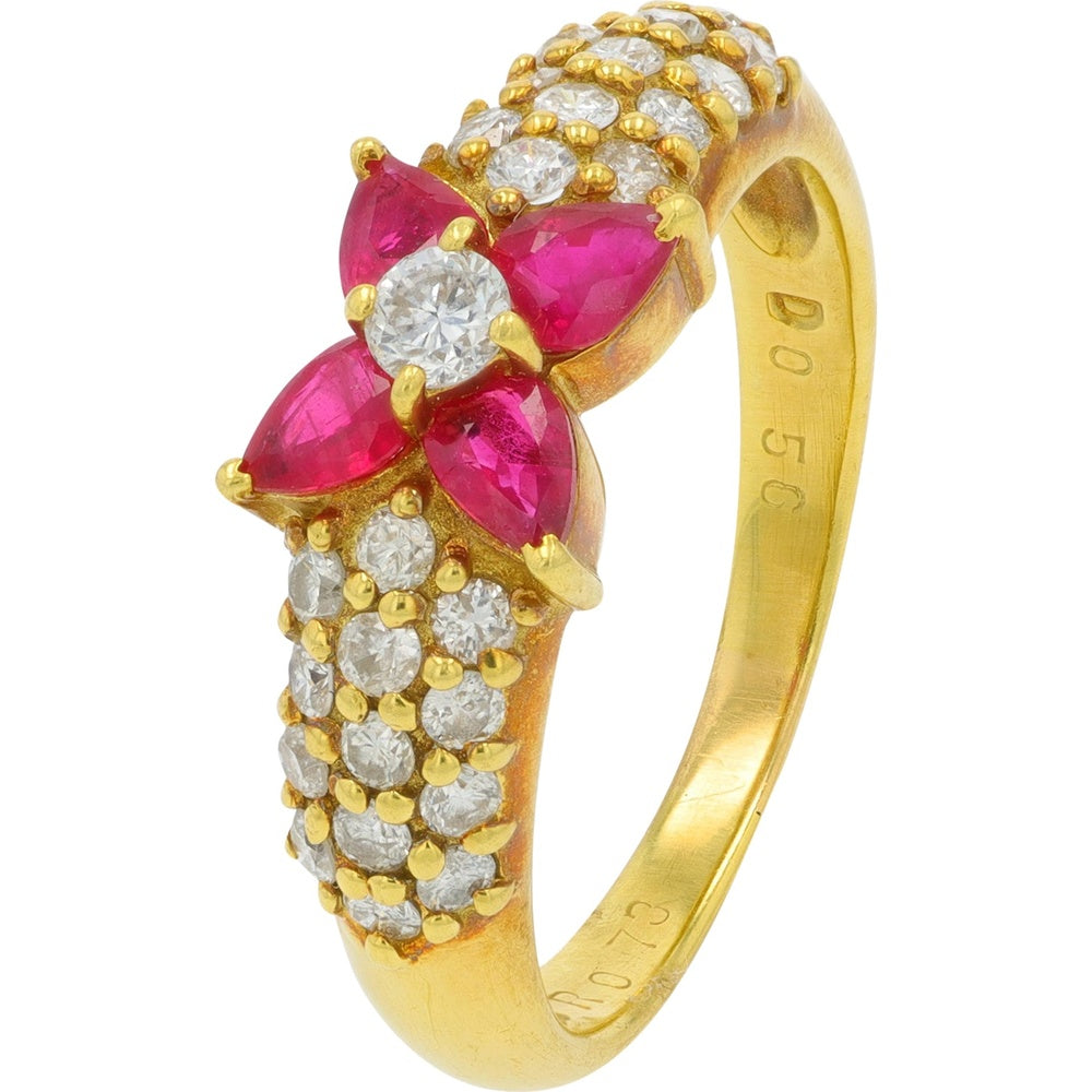 18K Yellow Gold Floral Ring with Pear-Cut Rubies and Round Diamonds - 0.79 Carat Total Ruby Weight and 0.20 Carat Total Diamond Weight