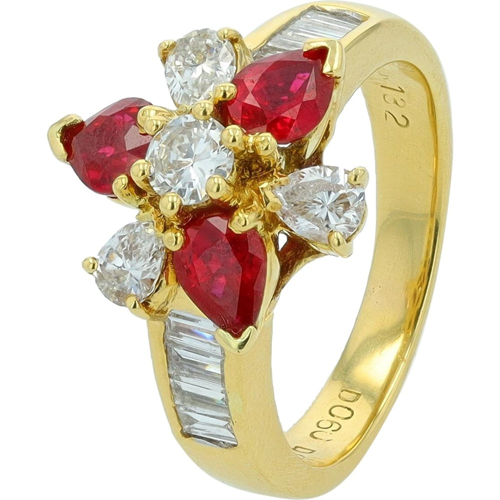 18K Yellow Gold Floral Ring with Pear-Shaped Rubies and Baguette Diamond Accents - 1.32 Carat Total Ruby Weight and 0.96 Carat Total Diamond Weight