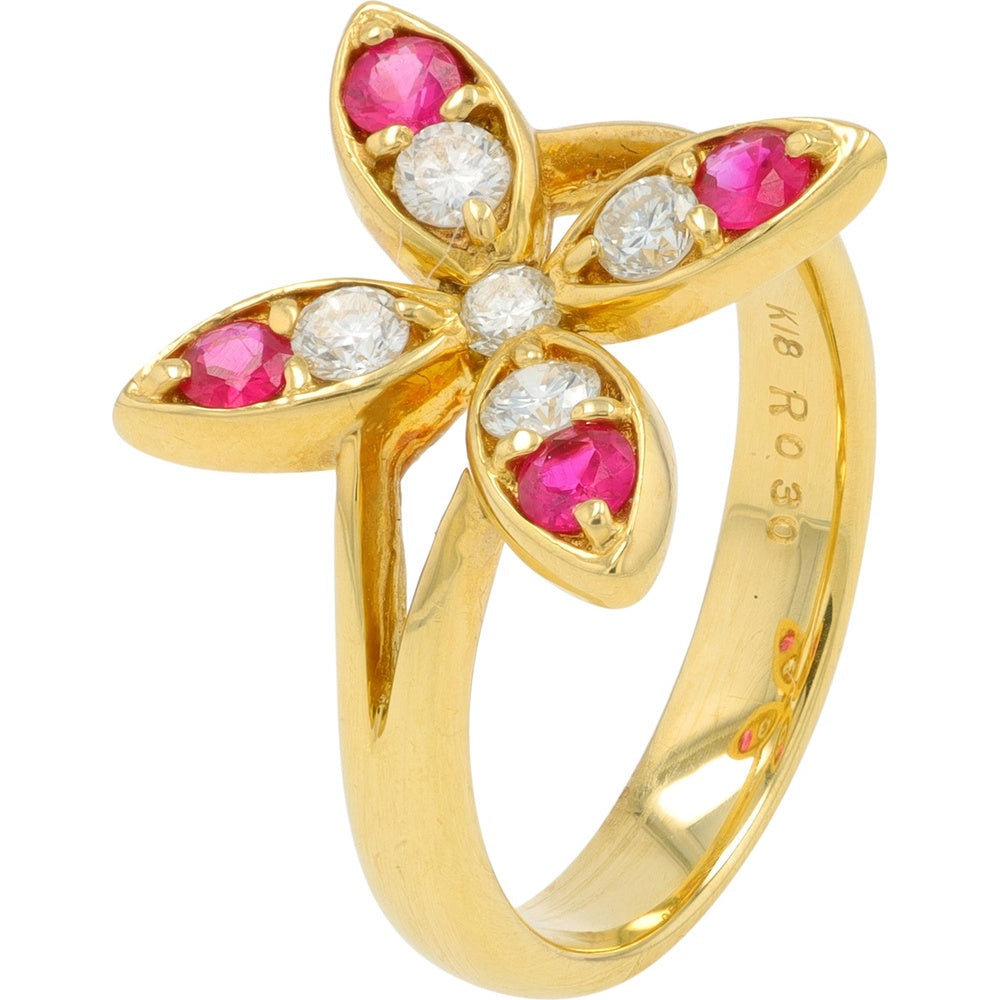 18K Yellow Gold Floral Ring with Prong-Set Round Diamonds and Rubies - 0.30 Carat Total Ruby Weight and 0.30 Carat Total Diamond Weight