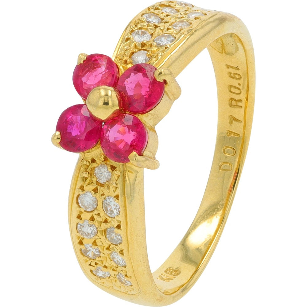 18K Yellow Gold Floral Ring with Round Rubies and Pave-Set Diamond Accents - 0.61 Carat Total Ruby Weight and 0.17 Carat Total Diamond Weight