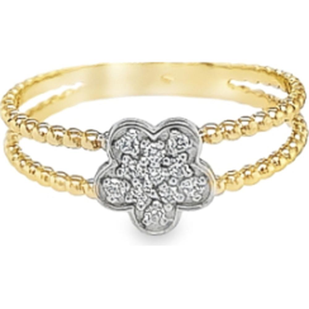18K Yellow Gold Floral Ring with White Gold Round Diamond Cluster by Afarin