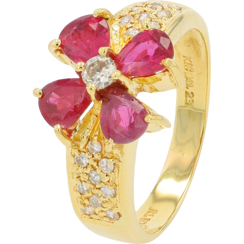 18K Yellow Gold Floral Ruby Ring with Pear-Shaped Rubies and Pave-Set Round Diamonds - 1.50 Carat Total Ruby Weight and 0.23 Carat Total Diamond Weight