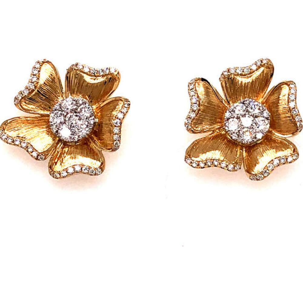 18K Yellow Gold Floral Stud Earrings with Diamond Cluster Centers and Diamond-Accented Petals by Afarin