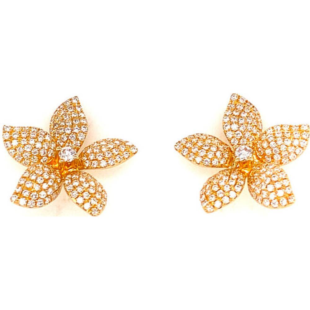 18K Yellow Gold Floral Stud Earrings with Pavé Set Round Diamonds by Afarin
