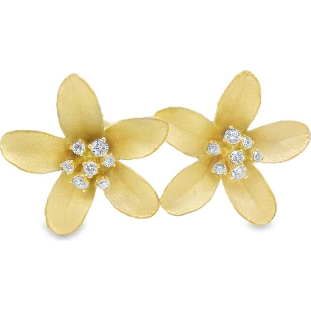 18K Yellow Gold Floral Stud Earrings with Round Diamond Cluster Centers by Afarin