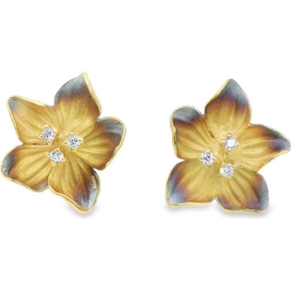18K Yellow Gold Floral Stud Earrings with Round Diamonds by Afarin