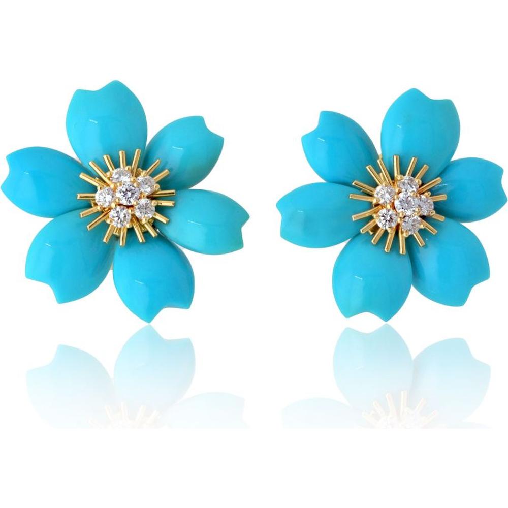 18K Yellow Gold Flower Earrings with Turquoise and Diamond Cluster by Van Cleef & Arpels