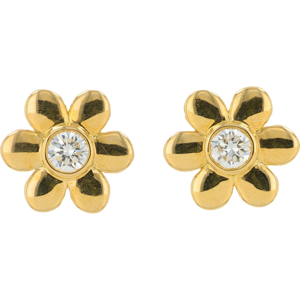 18K Yellow Gold Flower Stud Earrings with Bezel Set Round Lab Grown Diamonds - 0.30 Carat Total Diamond Weight