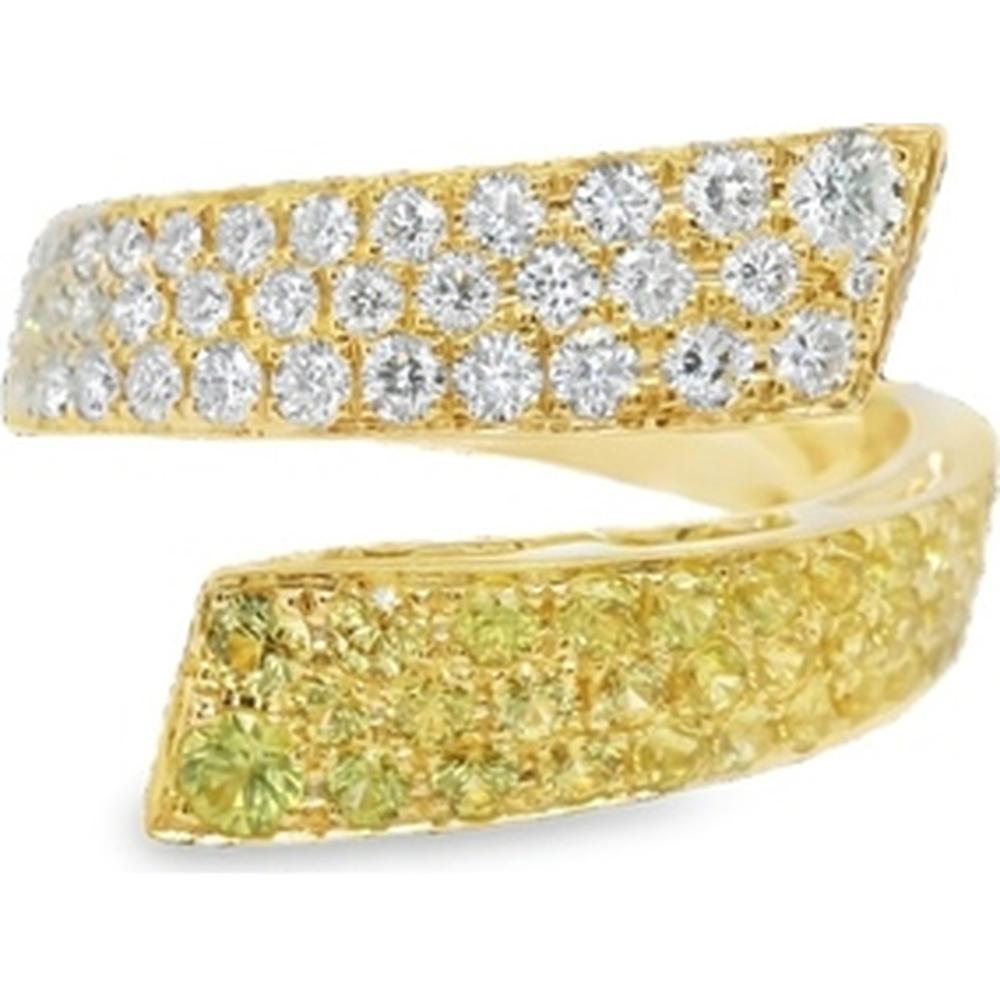 18K Yellow Gold Free Form Bypass Ring with Pavé Set Round Diamonds and Yellow Sapphires by Afarin