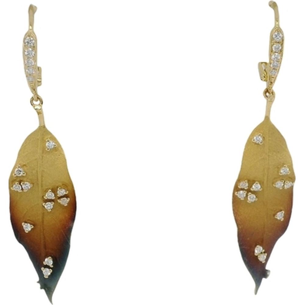 18K Yellow Gold Free Form Leaf Drop Earrings with Diamond Accents by Afarin