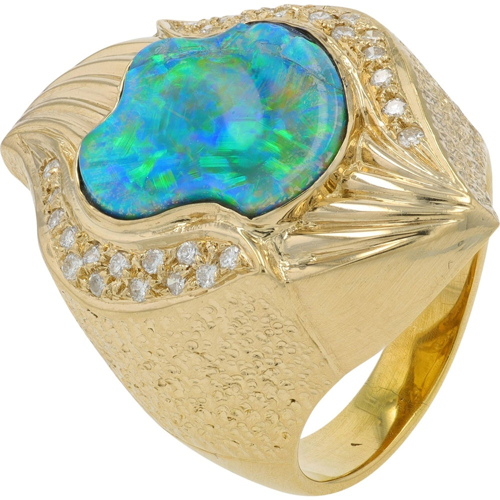 18K Yellow Gold Free-Form Opal Ring with Hammered Texture and 0.23 Carat Diamond Accents - Size 6.5