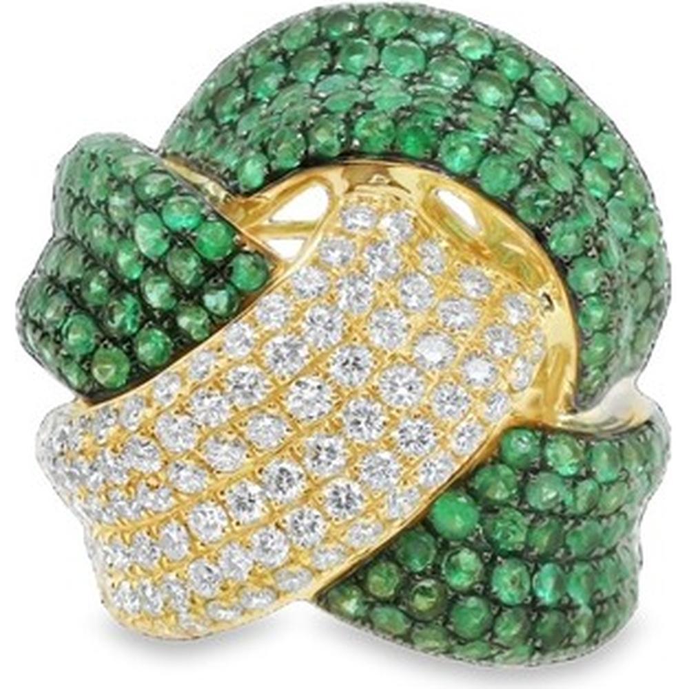 18K Yellow Gold Free Form Pavé Emerald and Diamond Swirl Ring by Afarin