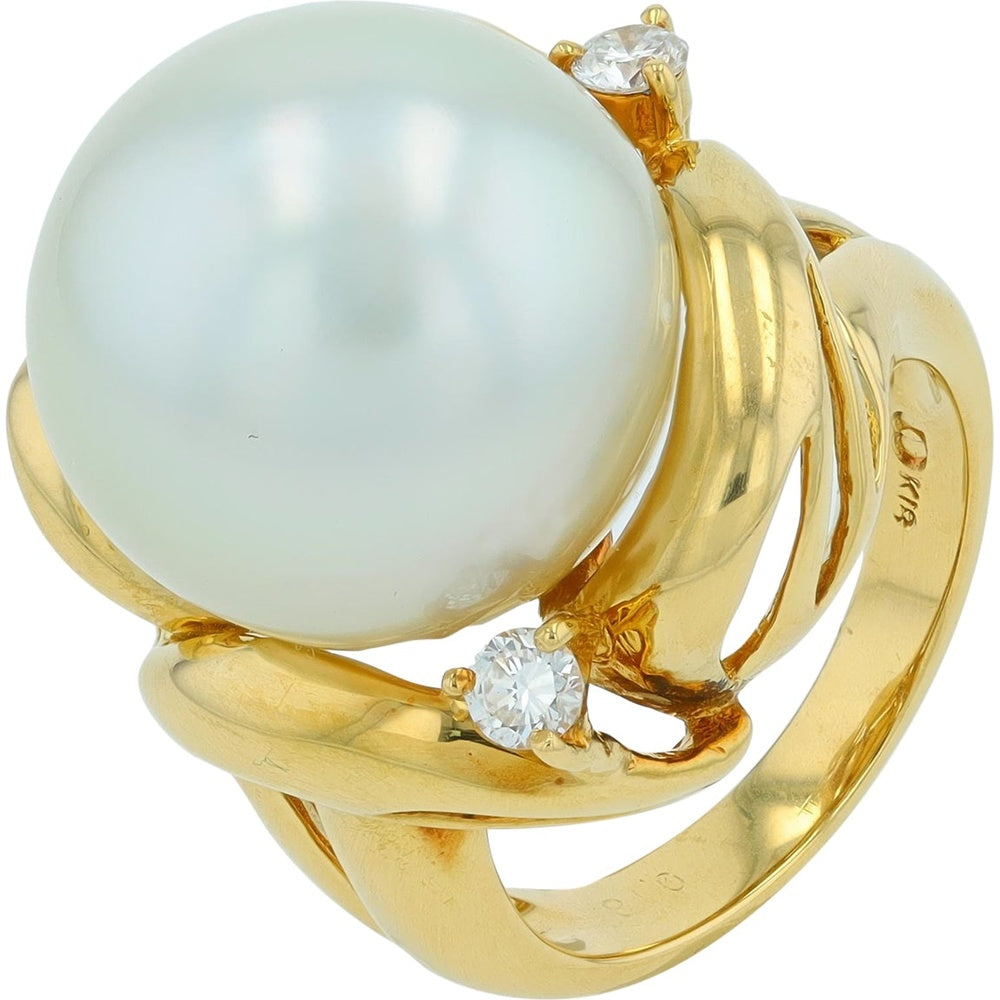 18K Yellow Gold Free Form Ring with 15.5mm Lustrous Pearl and 0.18 Carat Brilliant-Cut Diamond Accents - Size 6.25