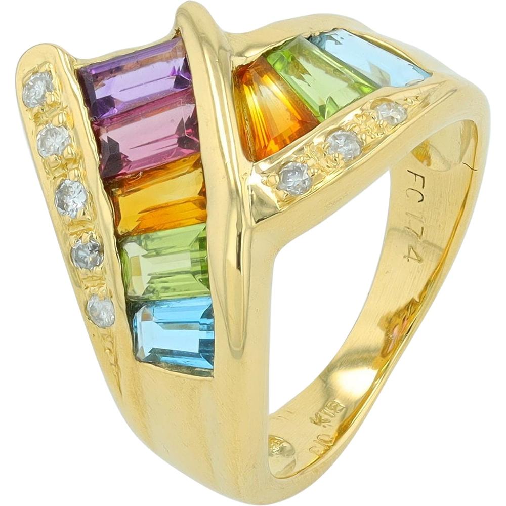 18K Yellow Gold Free-Form Ring with Amethyst, Blue Topaz, Citrine, Peridot, Rhodolite, and Diamond Accents - 1.74 Carats Total Gemstone Weight, 0.13 Carats Total Diamond Weight