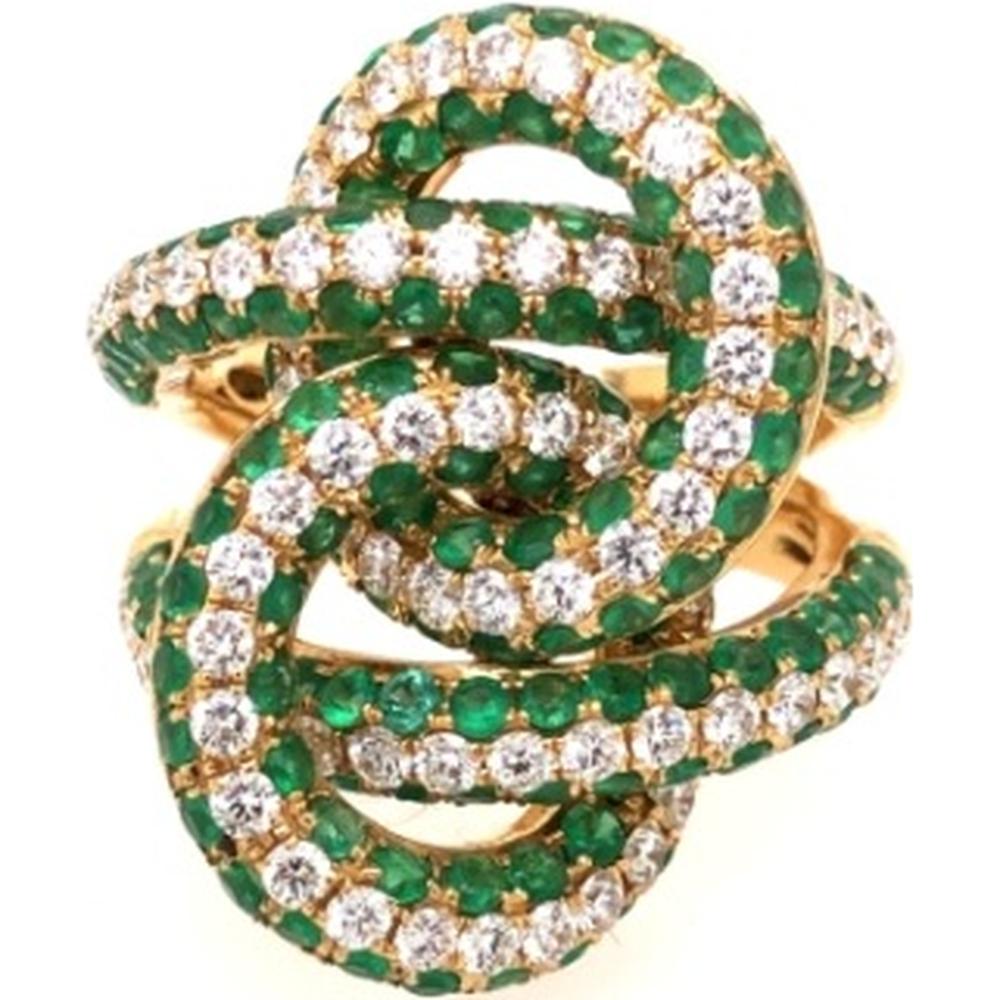 18K Yellow Gold Free Form Ring with Emeralds and Diamonds by Afarin