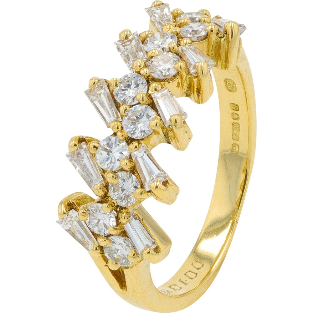18K Yellow Gold Free-Form Zigzag Ring with Alternating Round and Tapered Baguette Diamonds - 1.00 Carat Total Diamond Weight