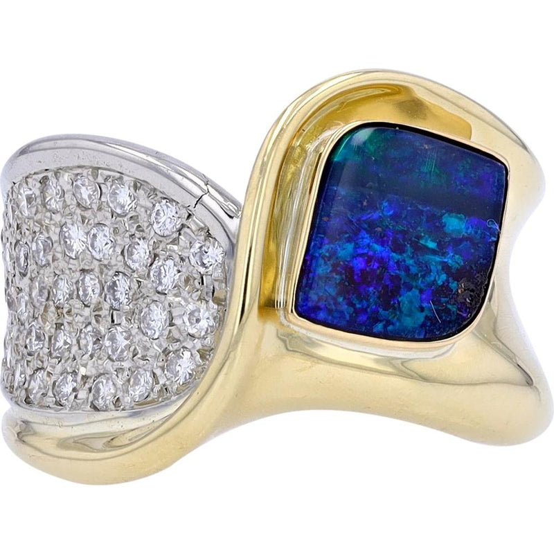 18K Yellow Gold Freeform Boulder Opal and Diamond Ring - 1.78 Carats Opal, 0.41 Carats Diamonds