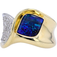 18K Yellow Gold Freeform Boulder Opal and Diamond Ring - 1.78 Carats Opal, 0.41 Carats Diamonds