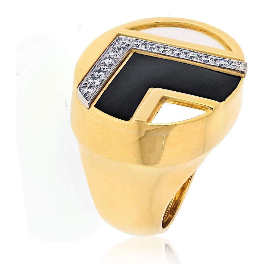 18K Yellow Gold Geometric Black and White Enamel Diamond Accent Cocktail Ring by David Webb - 32.2g Total Metal Weight