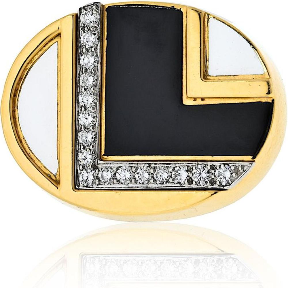 18K Yellow Gold Geometric Black and White Enamel Diamond Accent Cocktail Ring by David Webb - 32.2g Total Metal Weight