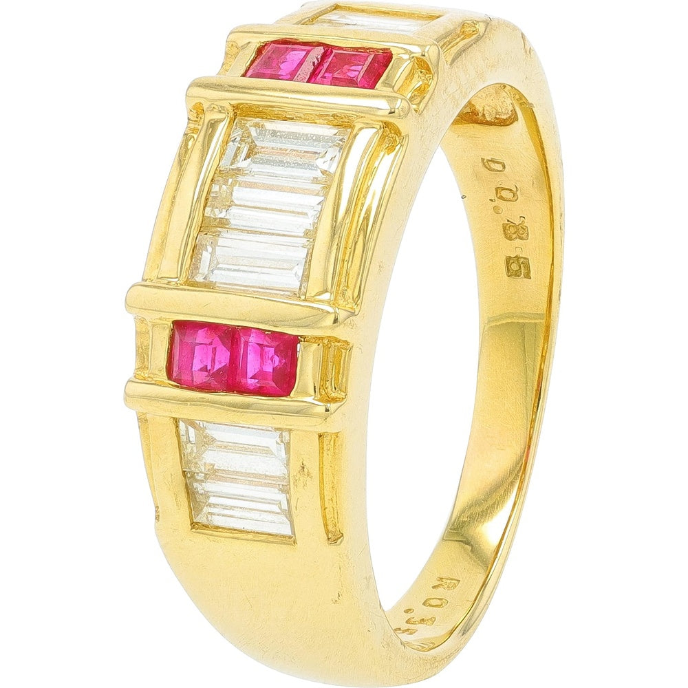 18K Yellow Gold Geometric Channel Ring with Baguette Diamonds and Rectangular Rubies - 0.35 Carat Ruby and 0.85 Carat Diamond Total Weight