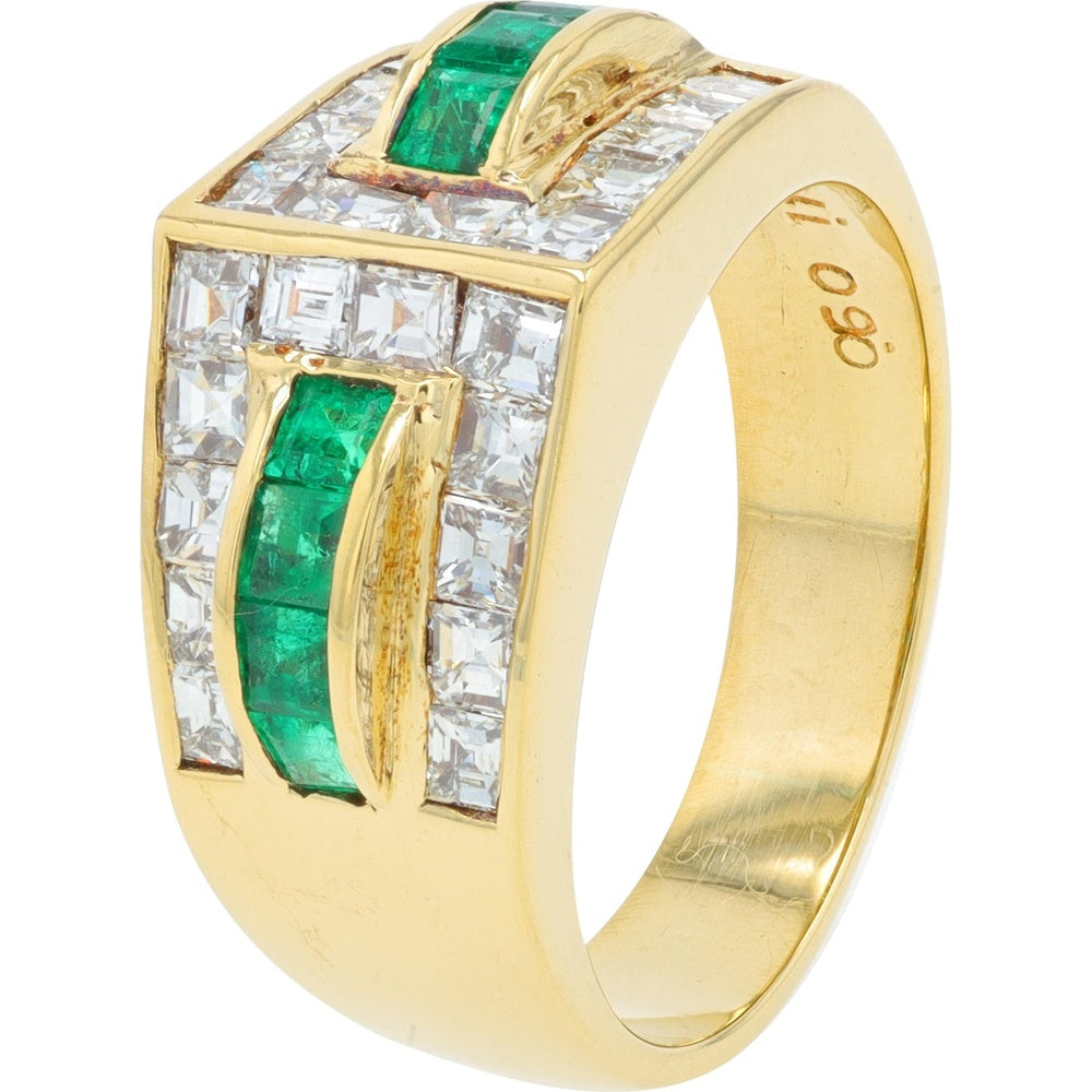 18K Yellow Gold Geometric Channel-Set Emerald Ring with Flush-Set Square Diamonds - 0.60 Carat Total Emerald Weight and 1.13 Carat Total Diamond Weight