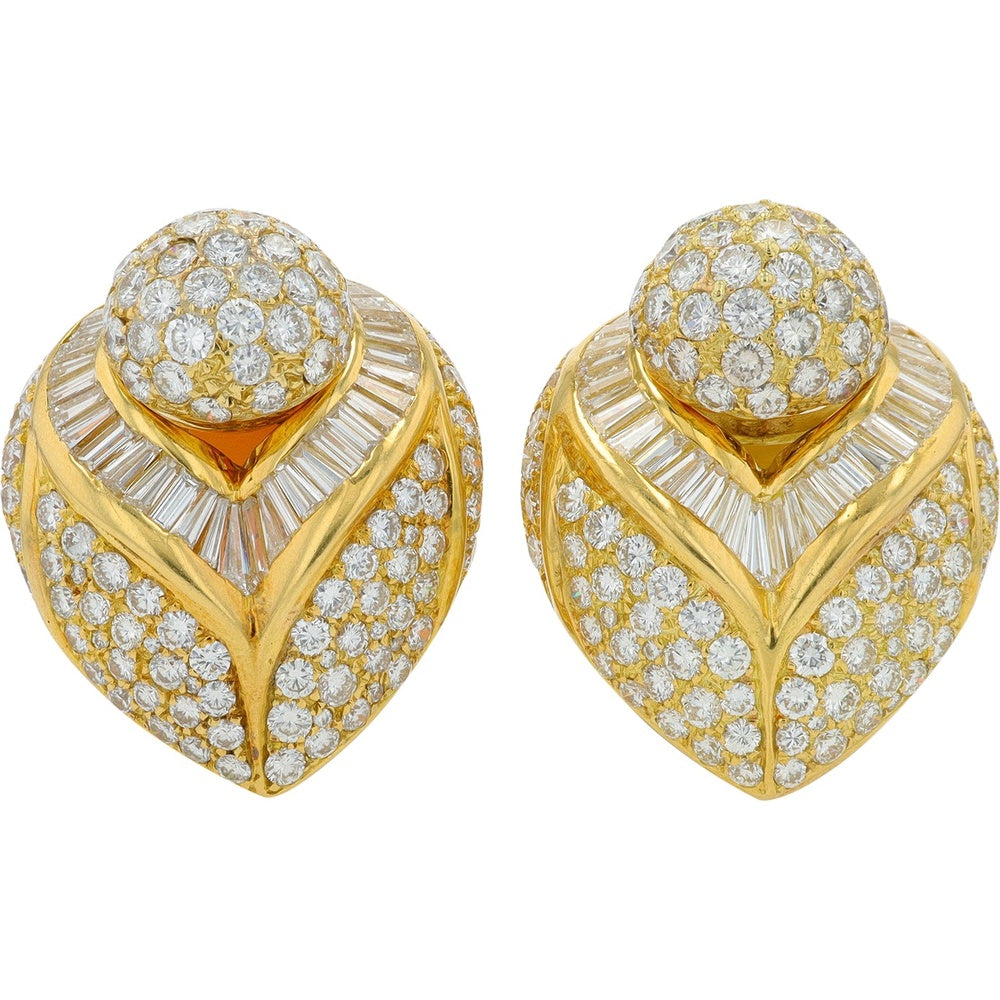 18K Yellow Gold Geometric Clip-On Earrings with Pavé Round and Baguette Diamonds - 15.00 Carat Total Diamond Weight