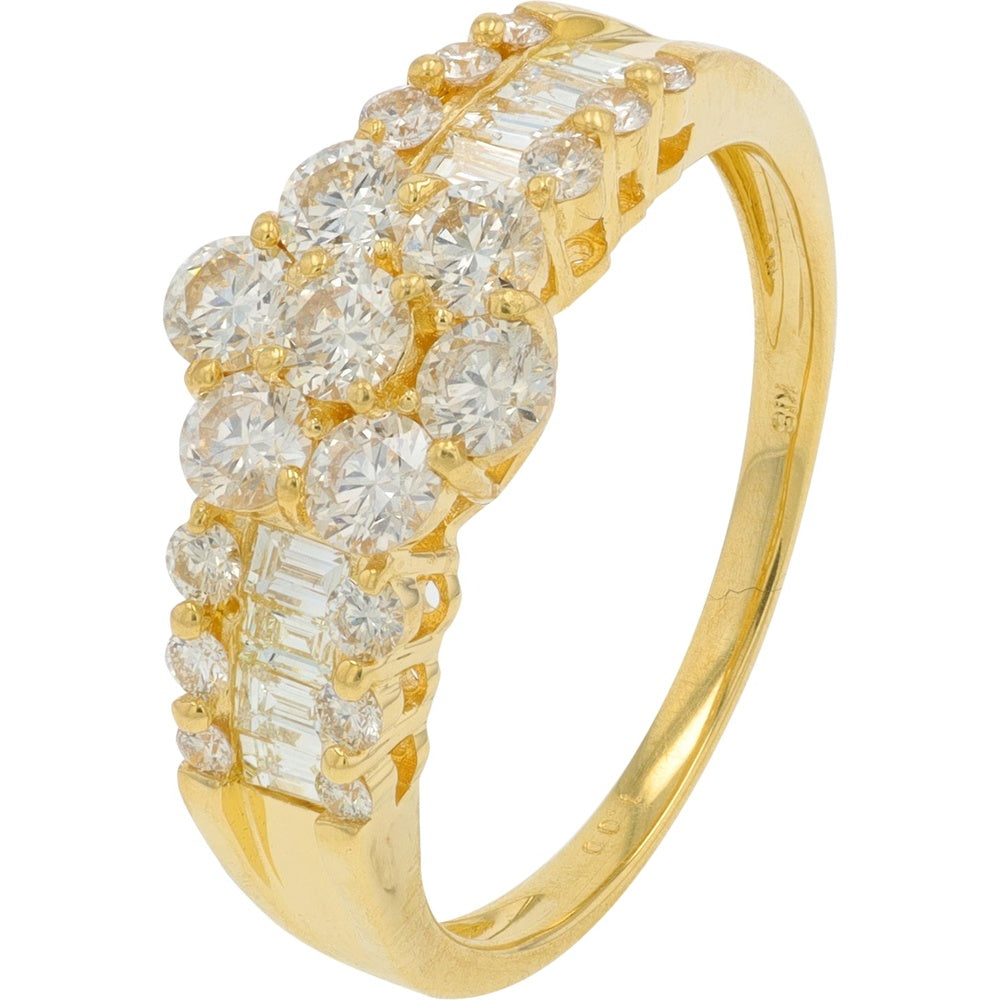 18K Yellow Gold Geometric Cluster Ring with Round and Baguette Diamonds - 1.00 Carat Total Diamond Weight