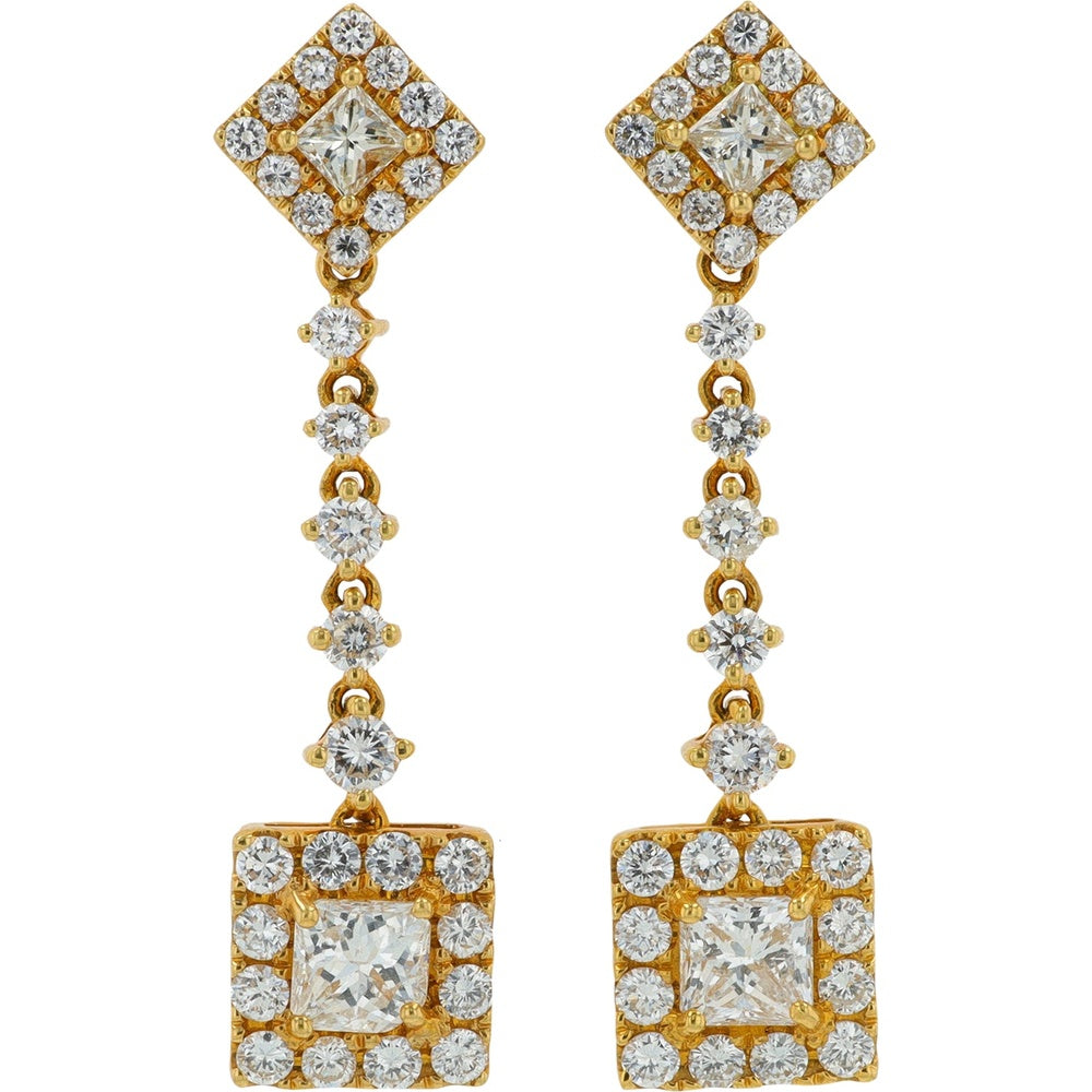 18K Yellow Gold Geometric Dangle Earrings with Princess Cut and Round Diamond Halos - 2.58 Carat Total Diamond Weight