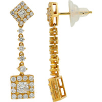 18K Yellow Gold Geometric Dangle Earrings with Princess Cut and Round Diamond Halos - 2.58 Carat Total Diamond Weight