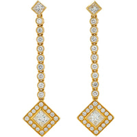 18K Yellow Gold Geometric Diamond Dangle Earrings with Bezel Set Round and Princess Cut Diamonds - 2.43 Carat Total Diamond Weight