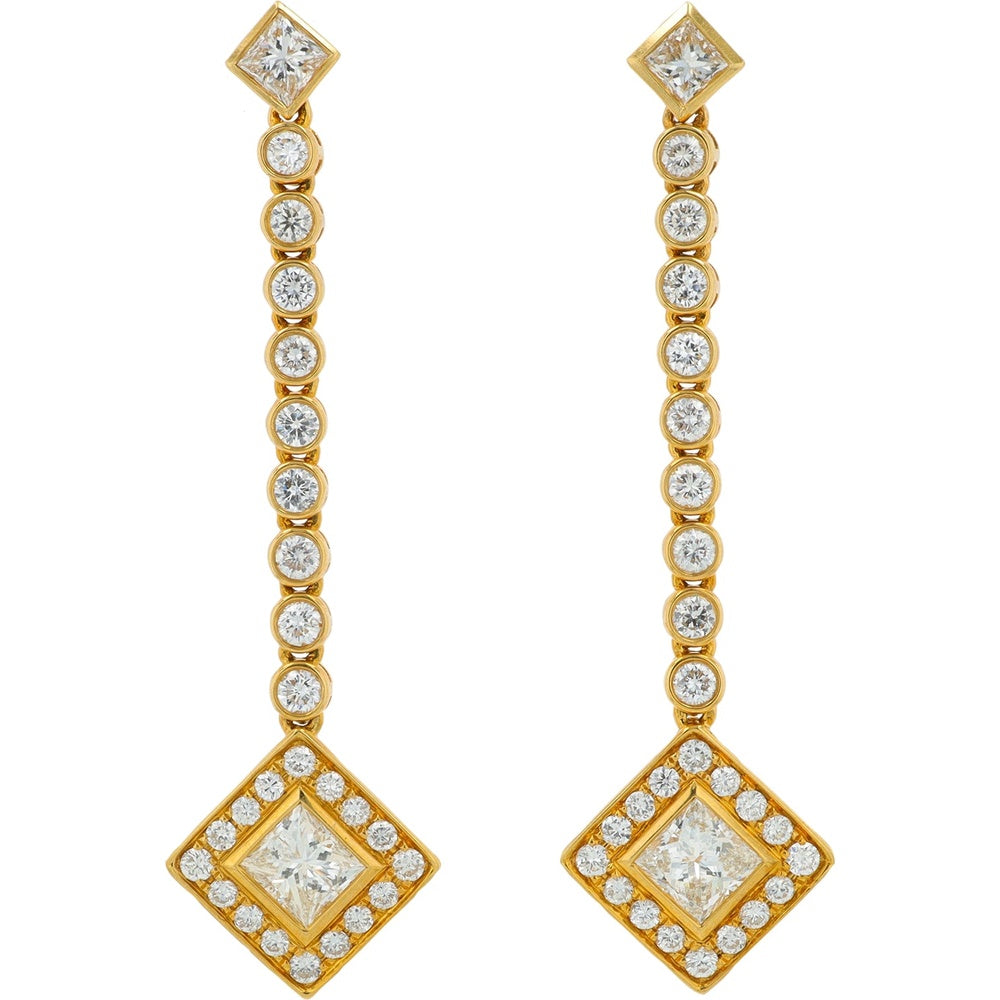 18K Yellow Gold Geometric Diamond Dangle Earrings with Bezel Set Round and Princess Cut Diamonds - 2.43 Carat Total Diamond Weight