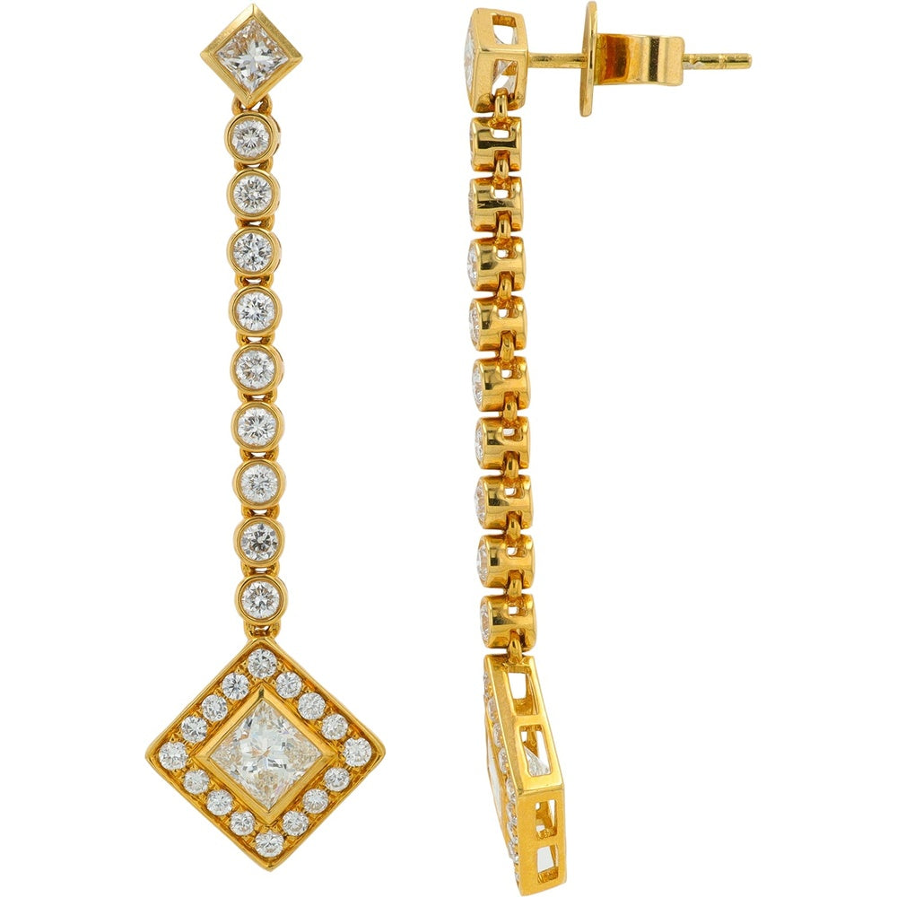 18K Yellow Gold Geometric Diamond Dangle Earrings with Bezel Set Round and Princess Cut Diamonds - 2.43 Carat Total Diamond Weight