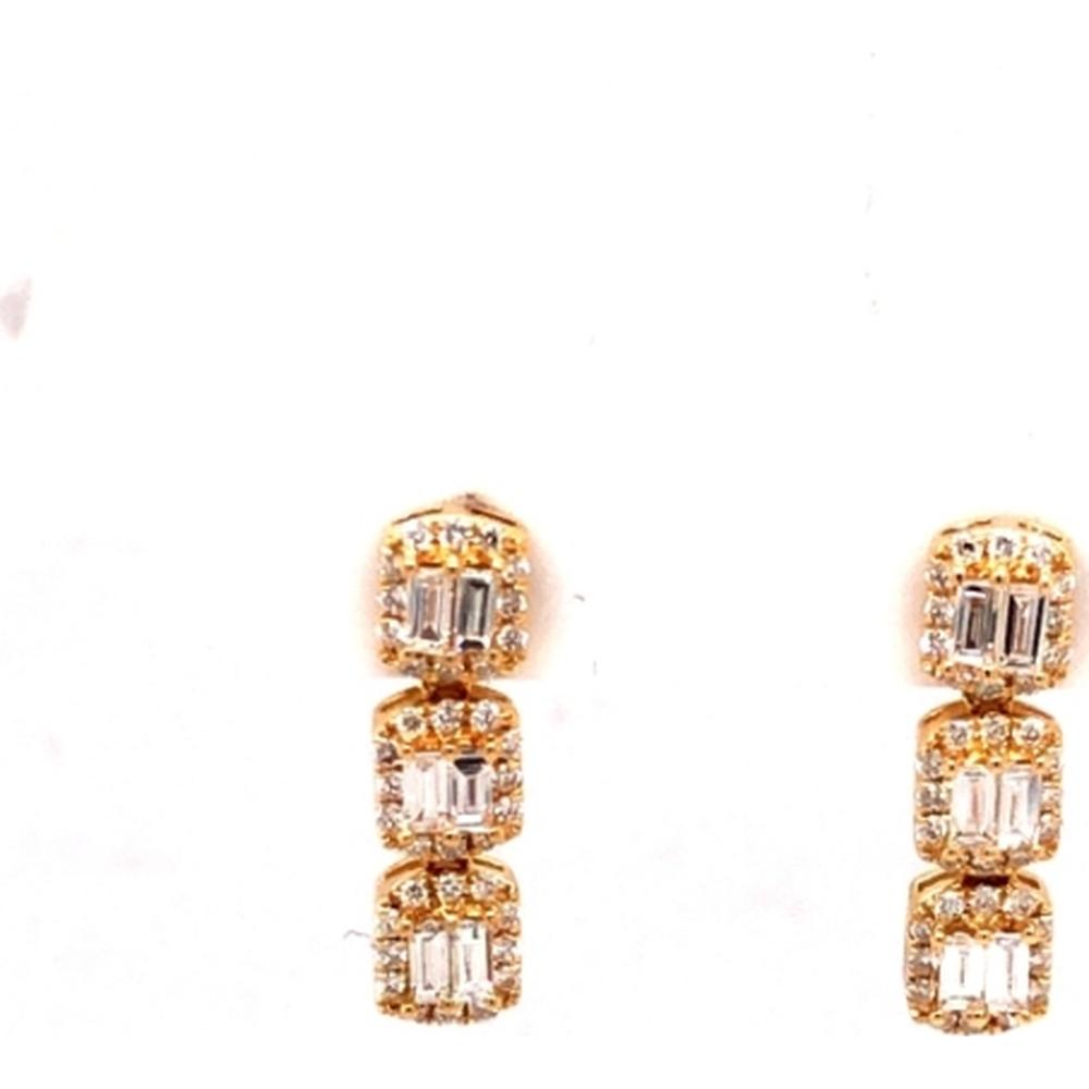 18K Yellow Gold Geometric Drop Earrings with Baguette and Round Diamonds by Afarin