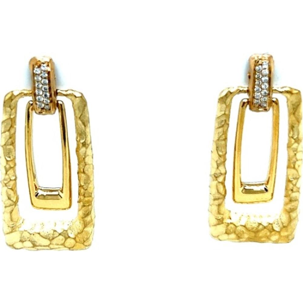 18K Yellow Gold Geometric Drop Earrings with Hammered Open Rectangle Design and Diamond Accents by Afarin