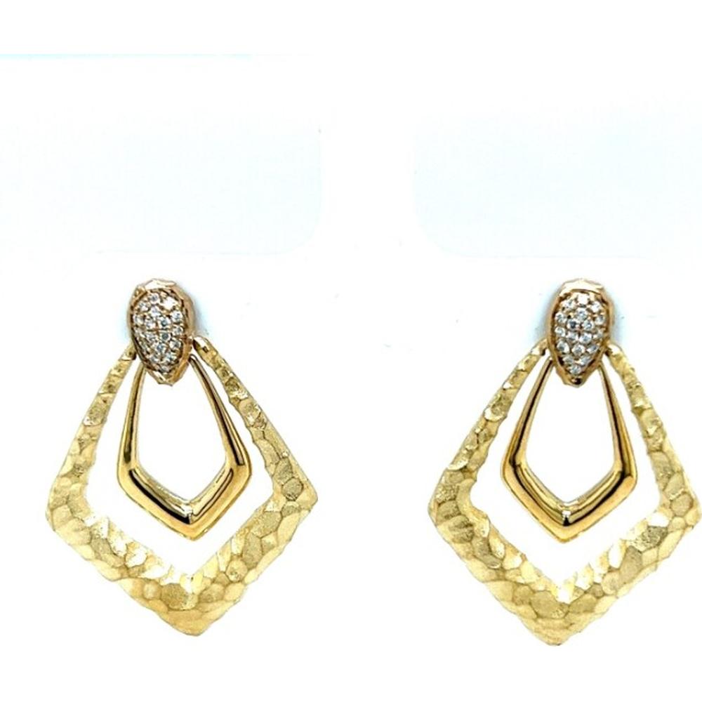 18K Yellow Gold Geometric Drop Earrings with Hammered Openwork Design and Diamond Accents by Afarin