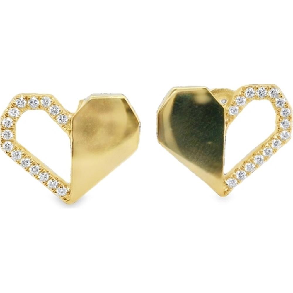 18K Yellow Gold Geometric Heart Stud Earrings with Diamond Accents by Afarin