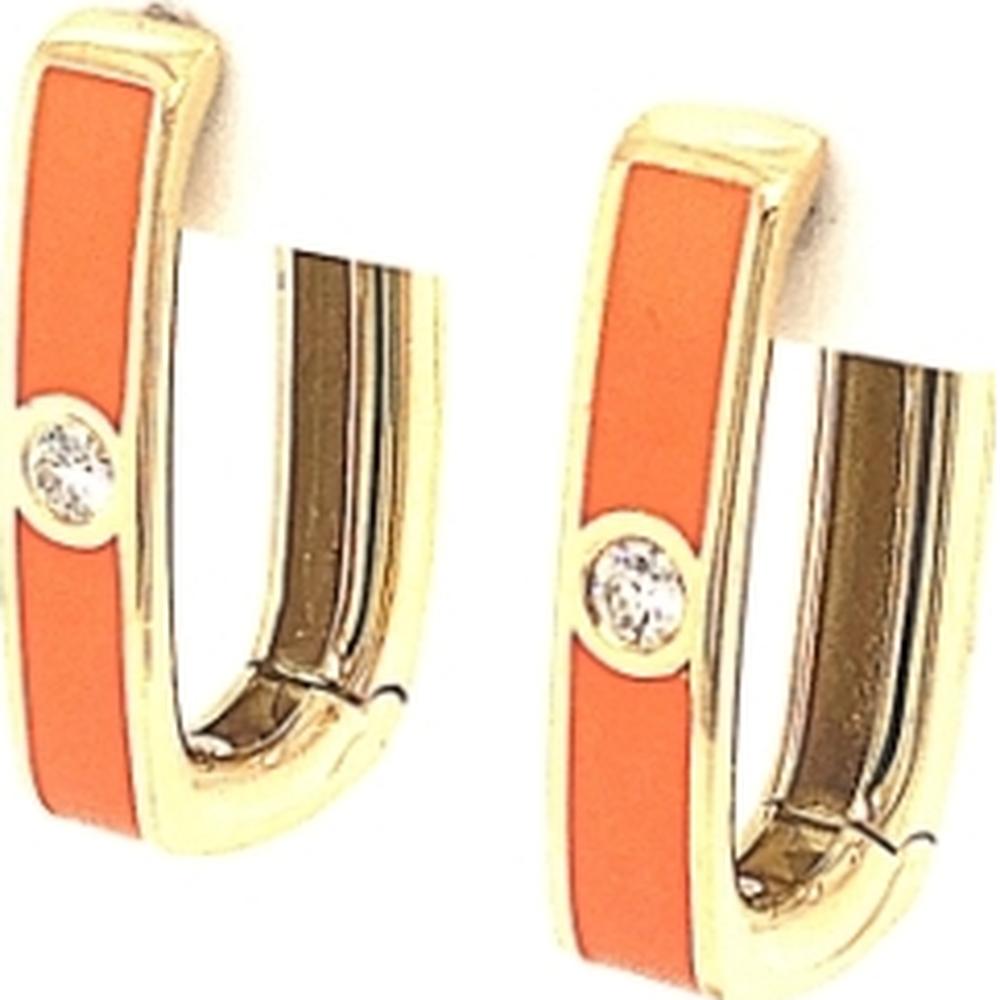 18K Yellow Gold Geometric Huggie Earrings with Diamond Accents and Orange Enamel by Afarin