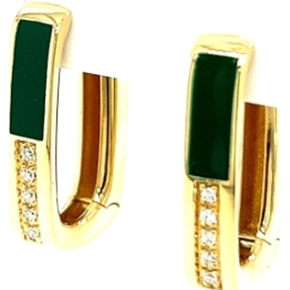 18K Yellow Gold Geometric Huggie Earrings with Green Enamel and Diamond Accents by Afarin