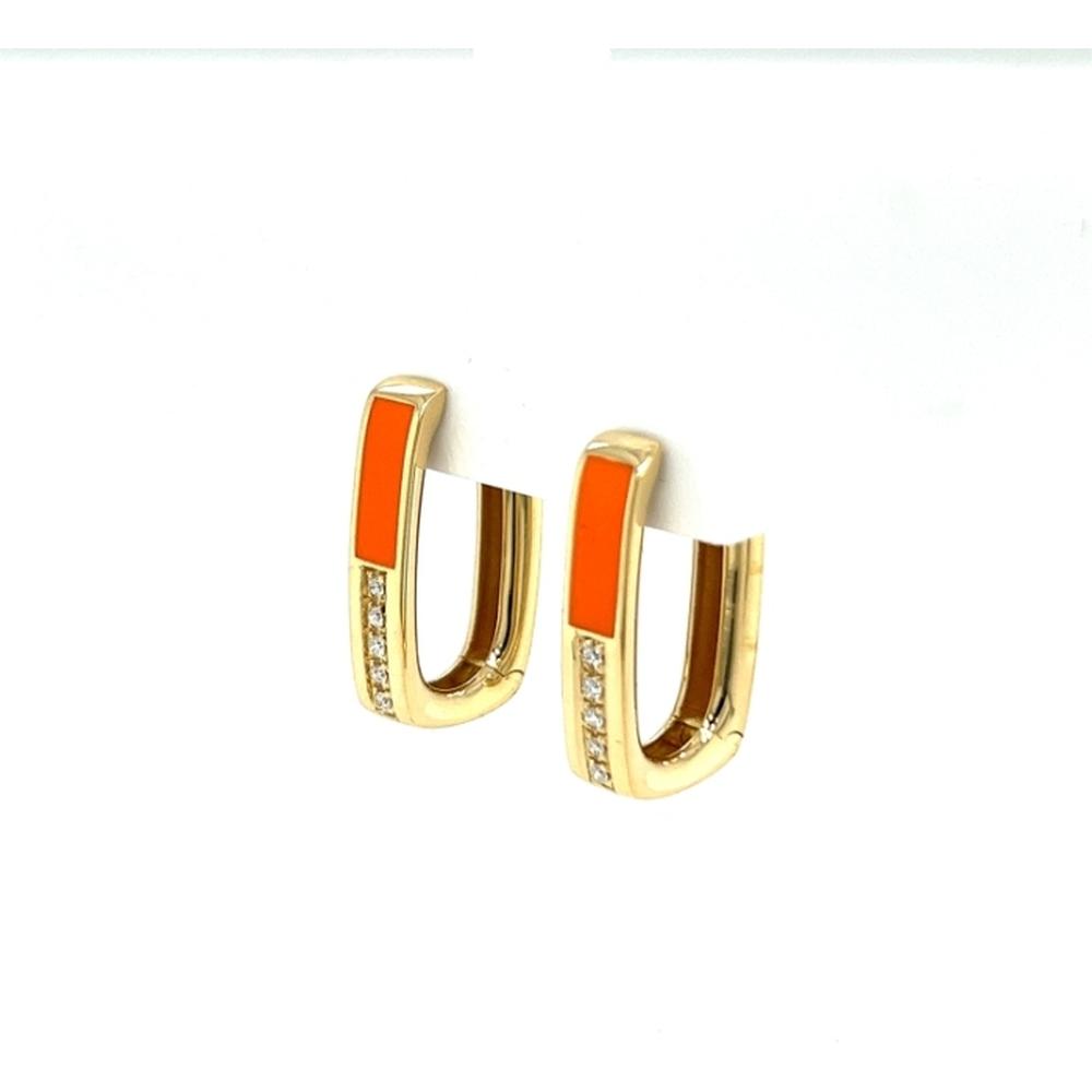 18K Yellow Gold Geometric Huggie Earrings with Orange Enamel and Diamond Accents by Afarin
