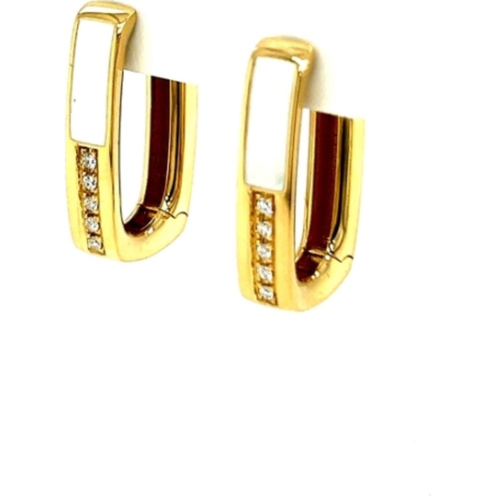 18K Yellow Gold Geometric Huggie Earrings with White Enamel and Diamond Accents by Afarin