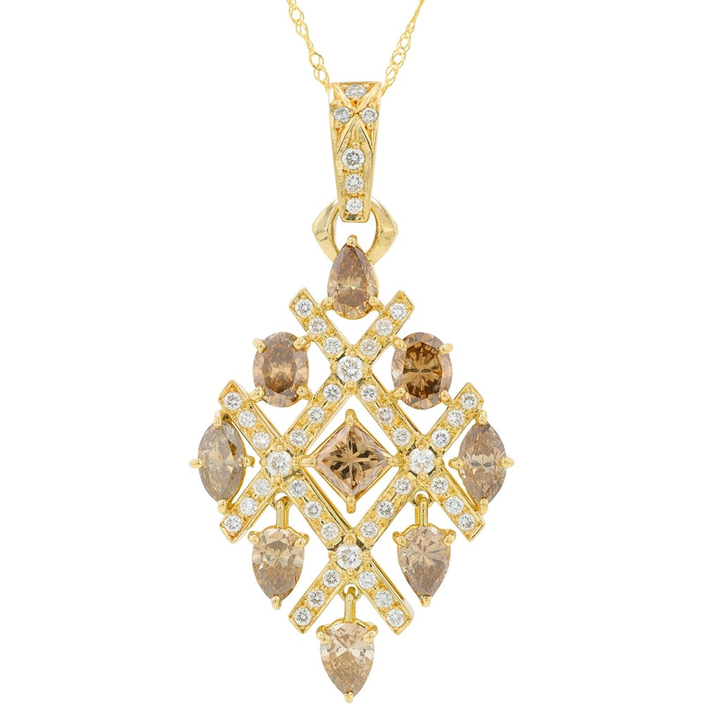 18K Yellow Gold Geometric Lattice Pendant with Fancy Brown and White Diamonds - 3.48 Carat Total Diamond Weight