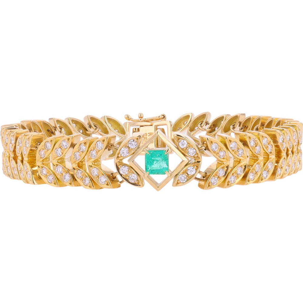 18K Yellow Gold Geometric Link Bracelet with Square-Cut Emerald and Round Pavé Diamonds - 3.04 Carat Total Diamond Weight and 0.55 Carat Emerald