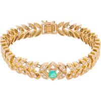 18K Yellow Gold Geometric Link Bracelet with Square-Cut Emerald and Round Pavé Diamonds - 3.04 Carat Total Diamond Weight and 0.55 Carat Emerald