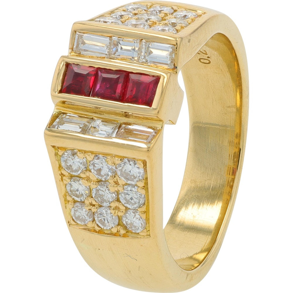 18K Yellow Gold Geometric Ruby and Diamond Ring with Channel-Set Square Rubies and Baguette Accents - 0.26 Carat Ruby and 0.53 Carat Total Diamond Weight