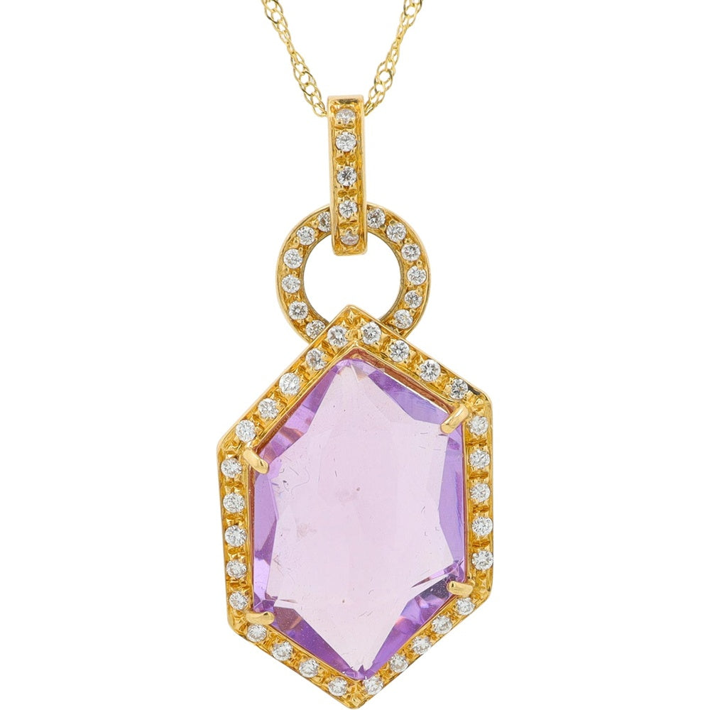 18K Yellow Gold Geometric Shield Amethyst Pendant with Diamond Halo - 0.24 Carat Total Diamond Weight