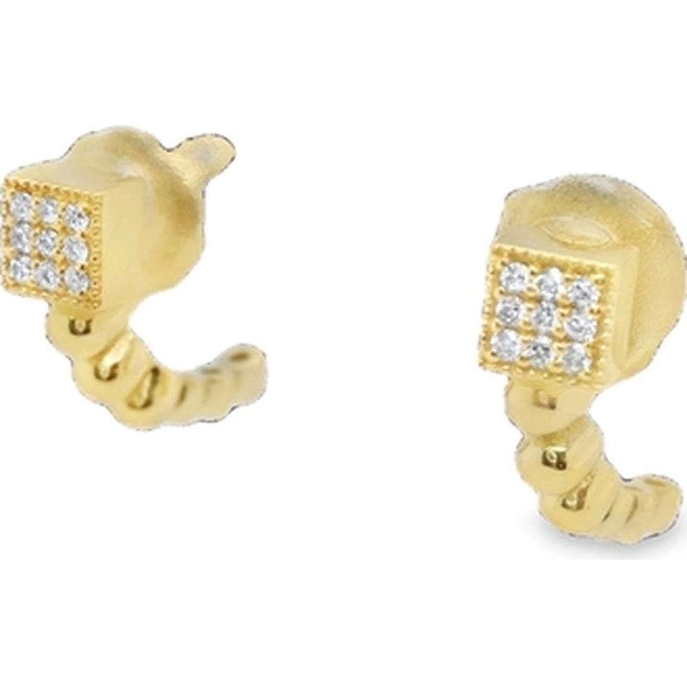 18K Yellow Gold Geometric Square Diamond Stud Earrings with Curved Gold Accent by Afarin